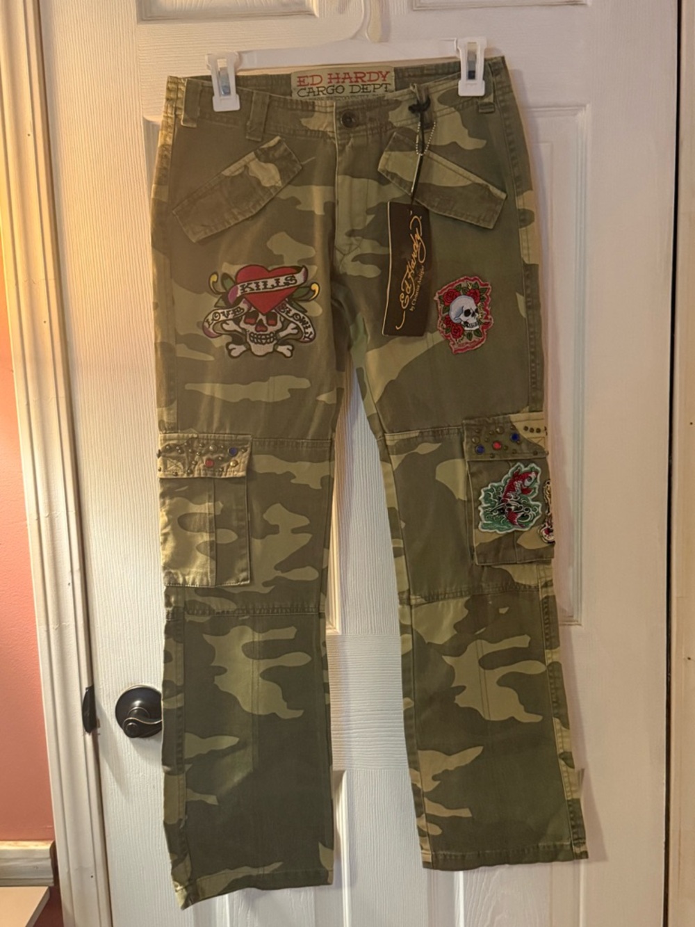 Ed Hardy Green Camouflage Cargo Pants with Embroidered Skull Patches